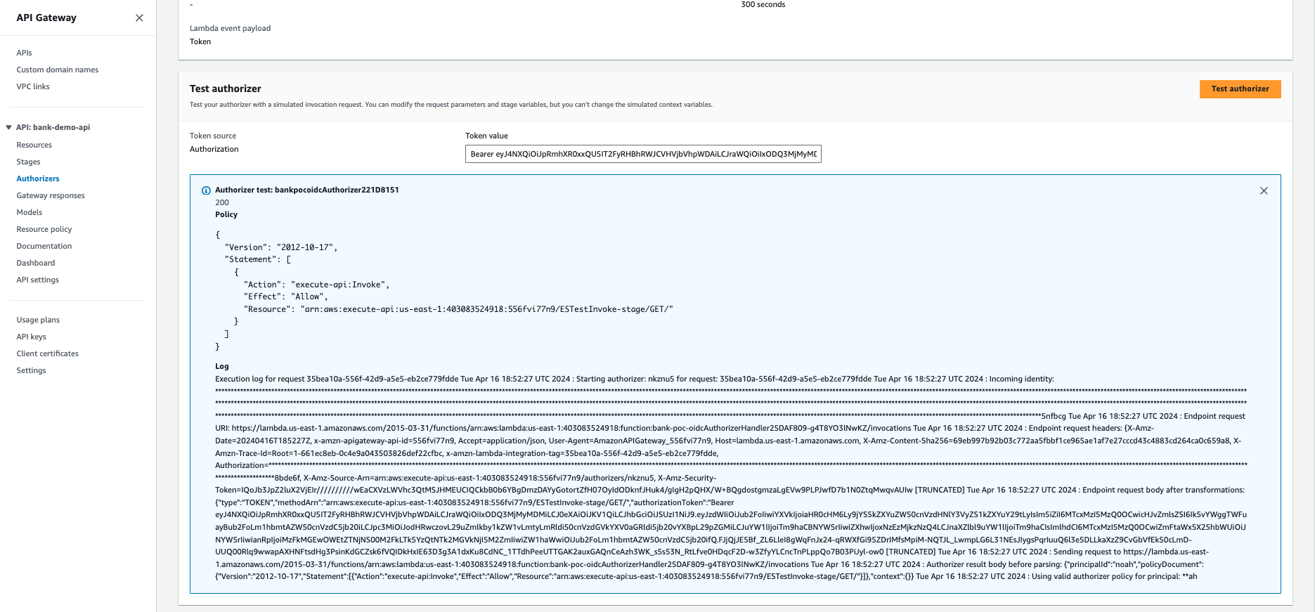 AWS authorizer test results