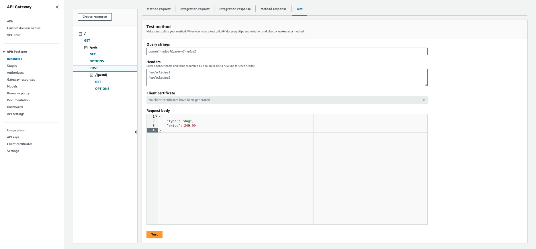 AWS Test endpoint form